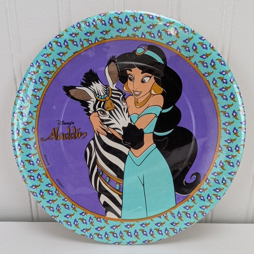 Vintage Beach Disney Jasmine & Zebra 8 Plastic Coated Plates Cake Aladdin New